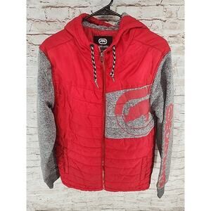Ecko Unltd Winter Puffer Full Zip Jacket Men's Size Medium Hooded Red Gray